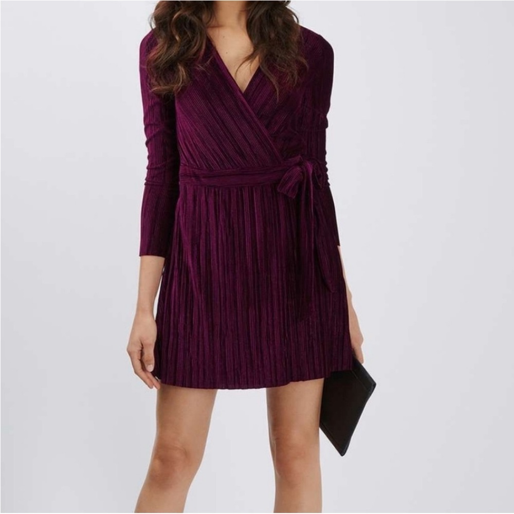 Topshop Purple Pleated Velvet Long Sleeve Wrap Dress
